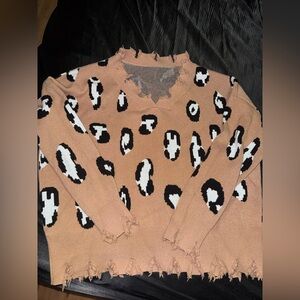 Amazon Women's V-Neck Leopard Sweater - Black, White, Tan